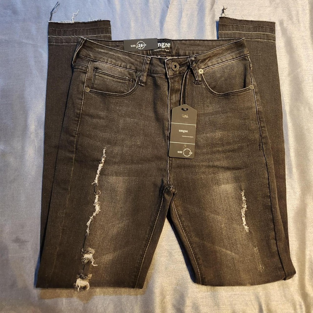 Umgee Skinny Jeans Womens Faded Black Distressed Raw Hem High Rise‎ J3019